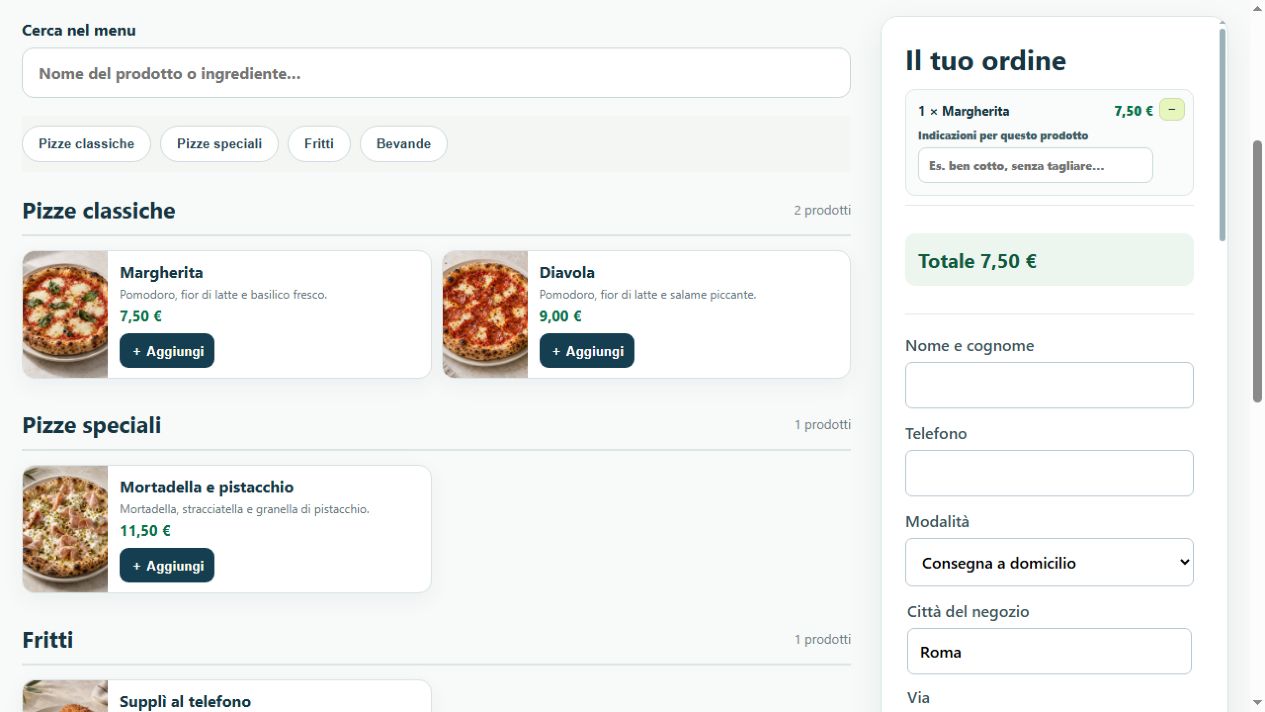 Menu reale con foto di pizze, ricerca e carrello